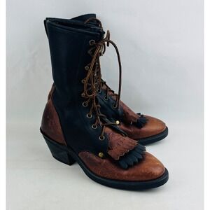 Vintage Texas Kiltie Western Boot Womens 7 Black Brown Leather Lace Up Roper